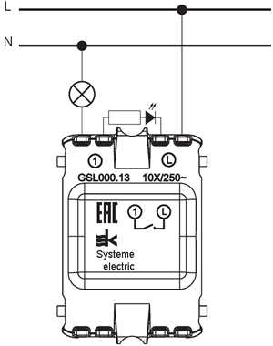 выключатель 1-клавишный с подсветкой Systeme Electric Glossa - схема подключения