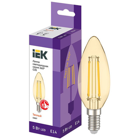 Лампа свеча свд Е14 5Вт 2700К 600лм С35 прозрачная золото филамент IEK 