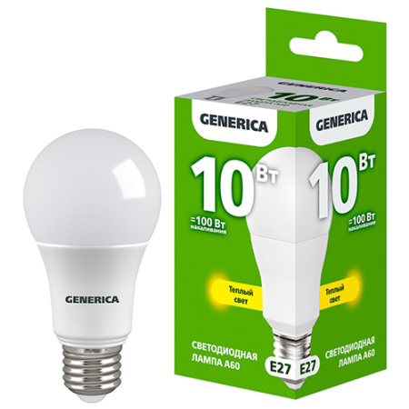 Лампа светодиодная 220В Е27 10Вт 3000К 1000лм стандарт A60 матовая GENERICA (IEK) 