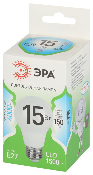 Лампа светодиодная 220В Е27 15Вт 4000К 1500лм стандарт A60 матовая ЭРА Green Line