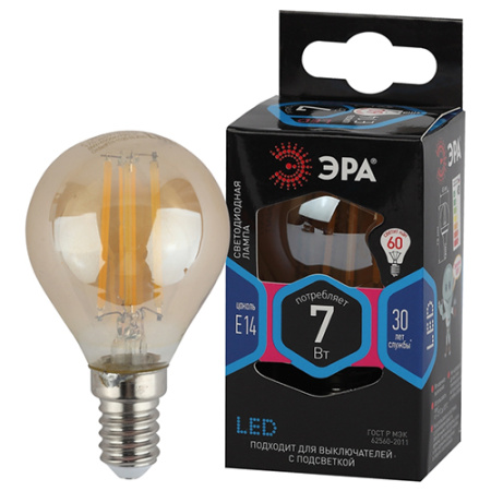 Лампа шар свд Е14 7Вт 4000К 655лм P45 золотистый филамент ЭРА 