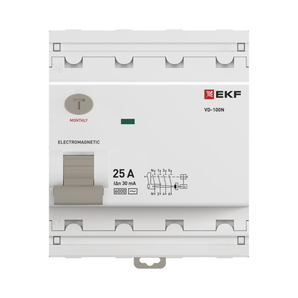 Выключатель дифференциальный (УЗО) 4Р 25А 30мА AC 6кА ВД-100N EKF PROxima