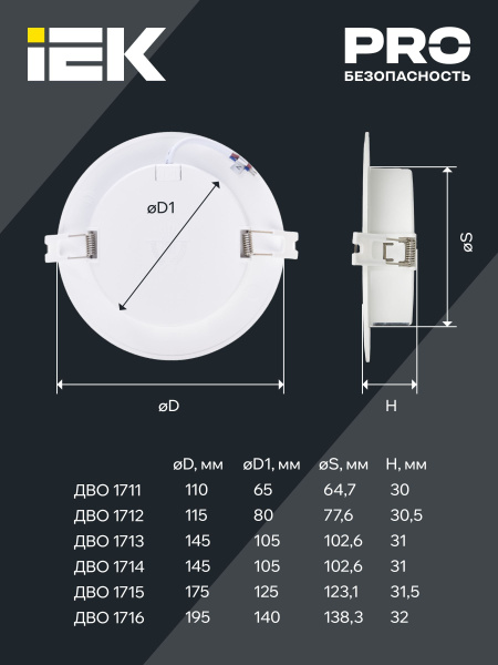 Даунлайт свд ДЛ-175 круг 15Вт 4000К  1275лм белый IP40 ДВО 1715 IEK
