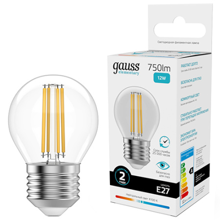 Лампа шар свд Е27 12Вт 4100К 750лм G45 прозрачный филамент Gauss