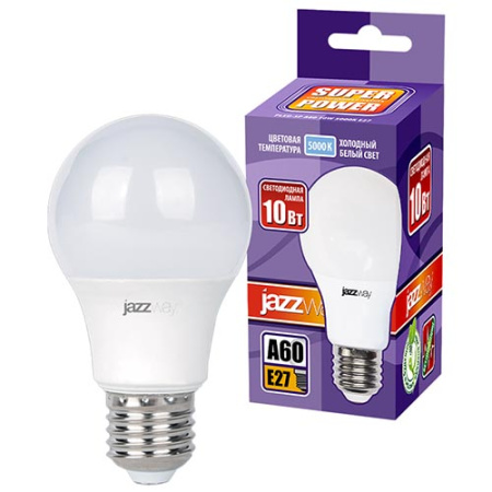 Лампа светодиодная 220В Е27 10Вт 5000К 800лм стандарт A60 матовая Jazzway 