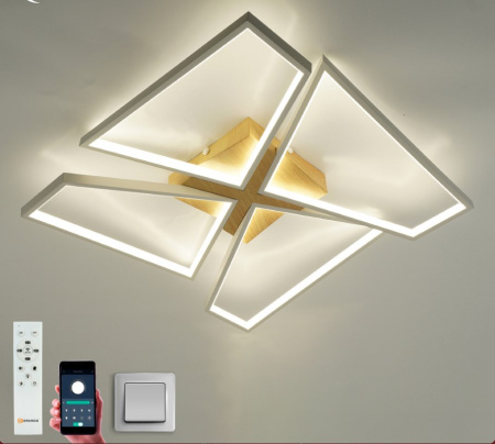 Светильник потолочный (люстра) свд 120Вт 3000К-6500К 12000лм белый/дерево пульт диммер