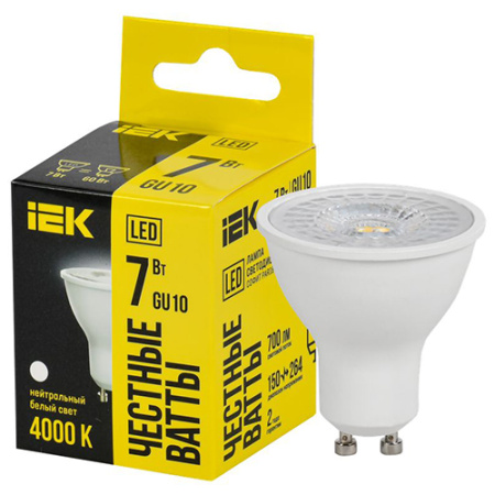 Лампа свд 220В GU10 7Вт 4000К 700лм PAR16 прозрачная IEK