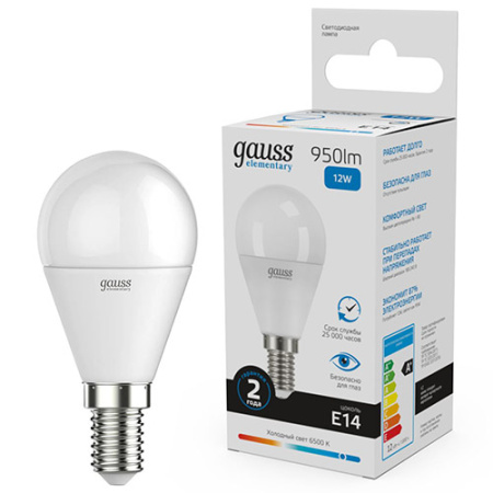 Лампа шар свд Е14 12Вт 6500К 950лм G45 матовый Gauss 