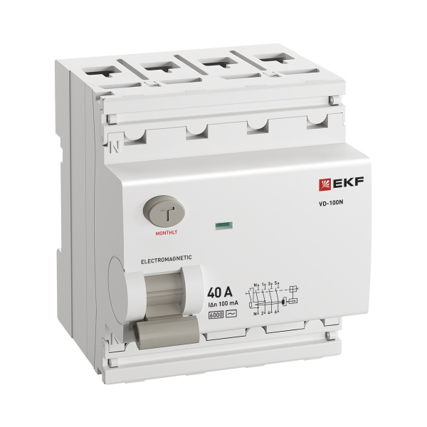 Выключатель дифференциальный (УЗО) 4Р 40А 100мА AC 6кА ВД-100N EKF PROxima