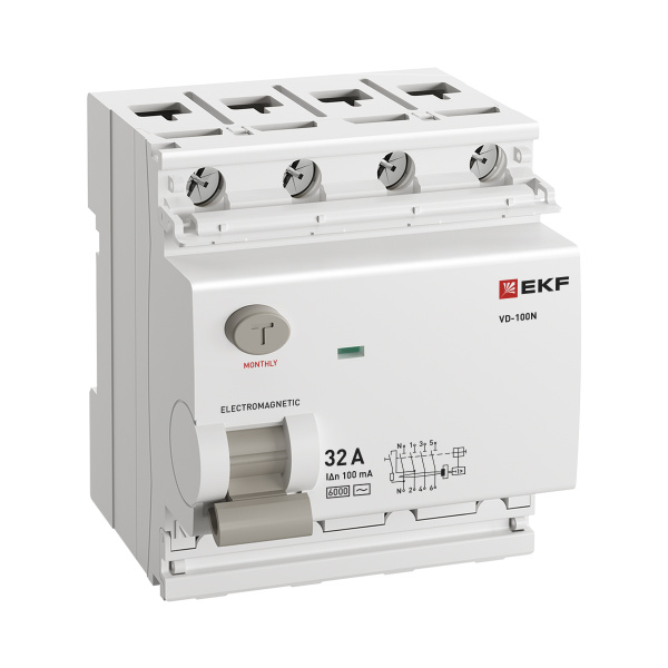 Выключатель дифференциальный (УЗО) 4Р 32А 100мА AC 6кА ВД-100N EKF PROxima