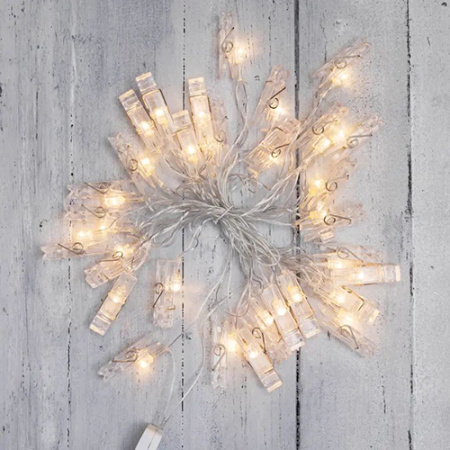 Гирлянда нить 5м теплый белый 30свд IP20 прозрачный провод прищепки