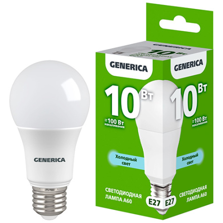 Лампа светодиодная 220В Е27 10Вт 6500К 1000лм стандарт A60 матовая GENERICA (IEK) 