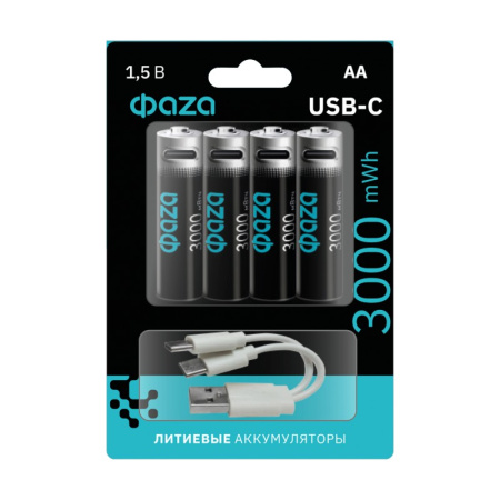 Аккумулятор AA(пальчик) 3000mAh 1,5В BL4 ФАZA зарядка USB Type-C шнур в комплекте