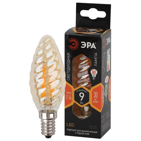 Лампа свеча витая свд Е14 9Вт 2700К 770лм BTW прозрачная золото филамент ЭРА комплект 10шт