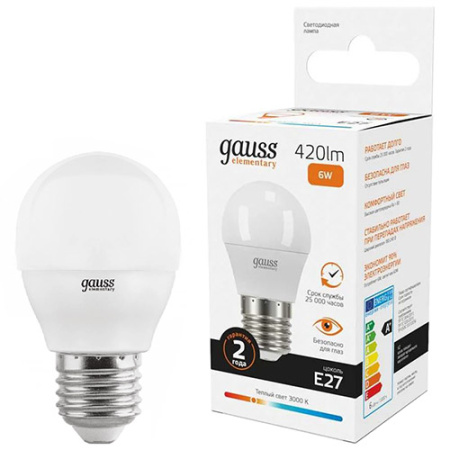 Лампа шар свд Е27 6Вт 3000К 420лм G45 матовый Gauss 